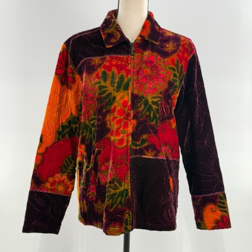 Chico’s Velvet Burnout Floral Jacket – Boho Luxe Fall Art-wear Retro Inspired M